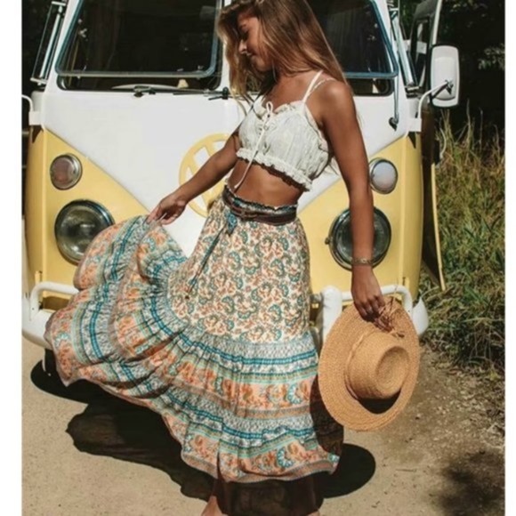 Saffron Camel Boho Floral Print Maxi Skirt